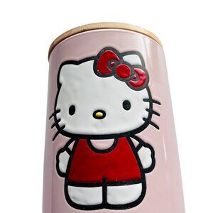 Hello Kitty Pink Ceramic Cookie Jar With Bamboo Lid Kitchen Storage Collectible